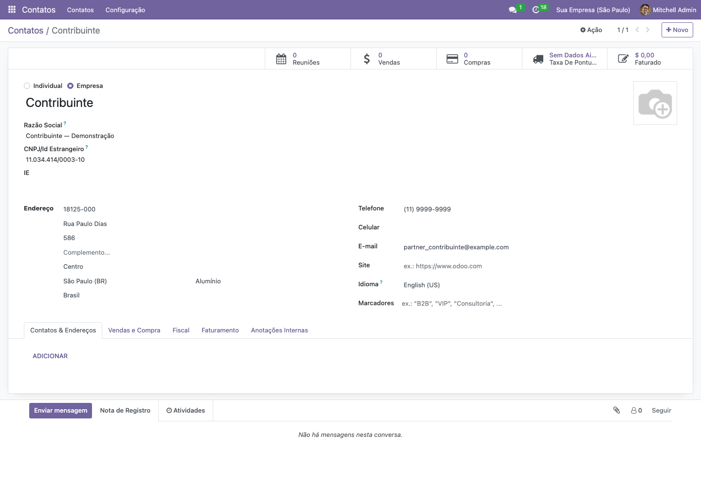 Brazilian company form for the Contribuinte example, with CNPJ and address fields.