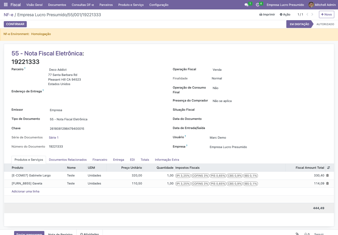 NF-e document in the OCA Brazilian localization.