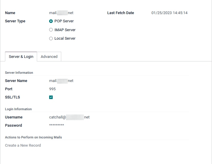 Configuração do servidor de entrada de e-mails no Odoo.