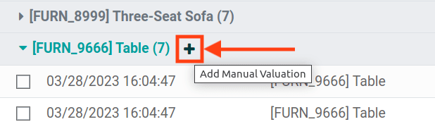 Botón para agregar una valoración manual al valor de inventario de un producto.