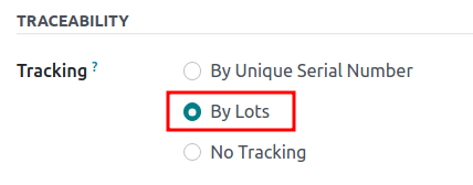 Función de seguimiento por lotes activada en el formulario del producto.