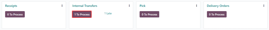Un traslado interno listo para procesarse en la vista kanban del tablero general de Inventario. 