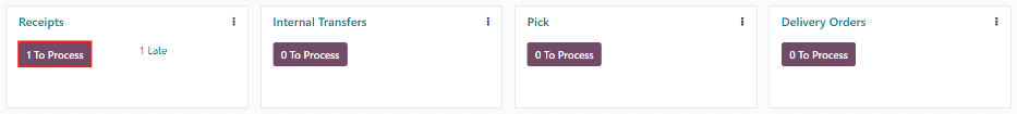 Una recepción lista para procesarse en el tablero general de Inventario en vista kanban.
