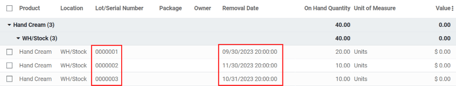 Vista de los números de lote y las fechas de caducidad de las cremas de manos en el reporte de inventario.