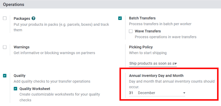Con el ajuste Día y mes del inventario anual podrá ajustar la fecha del siguiente conteo de inventario.