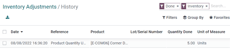 Tablero del historial de ajustes de inventario donde se muestra la lista antes de los movimientos del producto.
