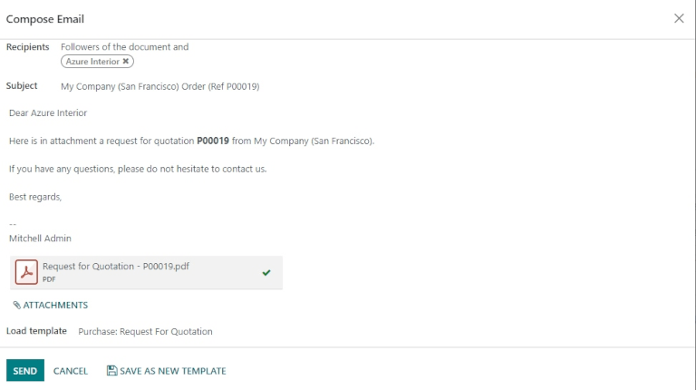 Ventana emergente para escribir y enviar un correo con una cotización.