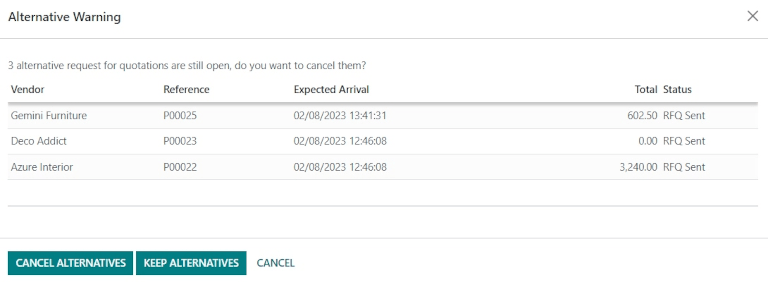 Ventana emergente para guardar o cancelar solicitudes de cotización alternativas.