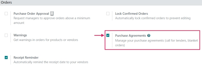 Contrato de compra activados en los ajustes de la aplicación Compras.