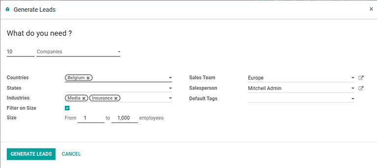 A janela pop-up com os critérios de seleção para gerar leads no Odoo.