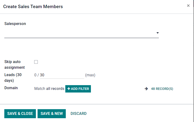 Adicione um vendedor no CRM do Odoo.