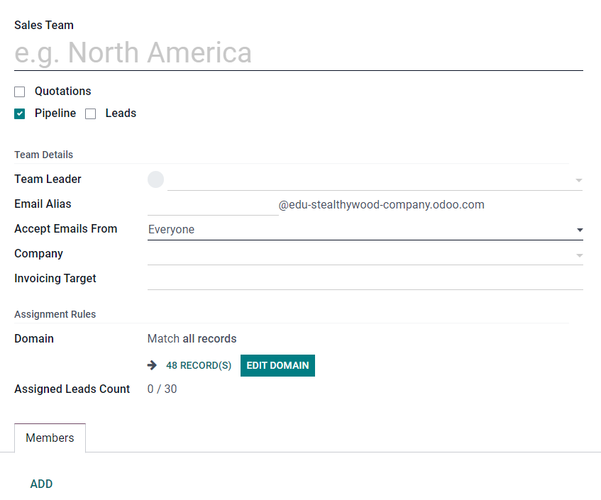 Crie uma equipe de vendas no CRM do Odoo.