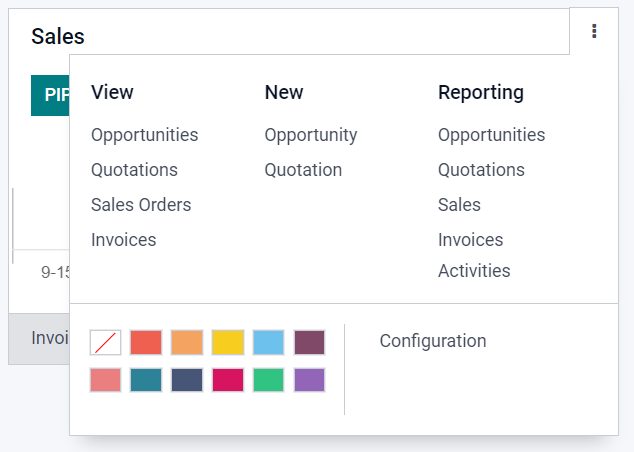 Clique no menu de três pontos no painel do CRM do Odoo para visualizar documentos e criar oportunidades.