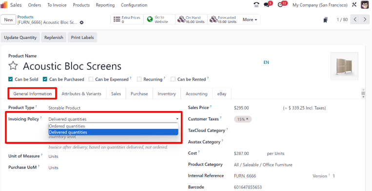 Como alterar a sua política de faturamento em um formulário de produto no Vendas do Odoo.