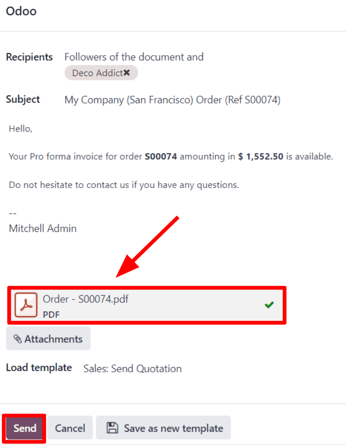 A janela pop-up de e-mail que aparece com a fatura pró-forma anexada no Vendas do Odoo.