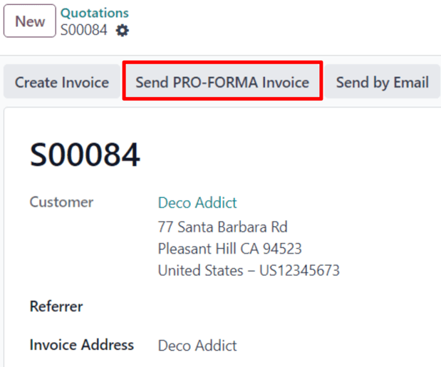 O botão Enviar fatura pró-forma em um pedido de venda comum no Vendas do Odoo.