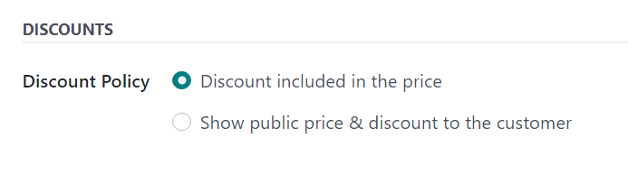 Las opciones de descuento en la pestaña de configuración de una lista de precios en la aplicación Ventas de Odoo.