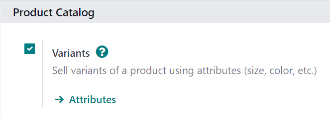 Imagen sobre la activación de las variantes de productos en la página de ajustes de la aplicación de Ventas.