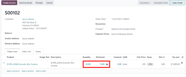 La cantidad "Entregada" actualizada en la orden de ventas después de revertir la transferencia. 