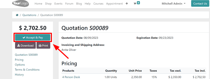 El botón Aceptar y pagar en una cotización en línea en la aplicación Ventas de Odoo.