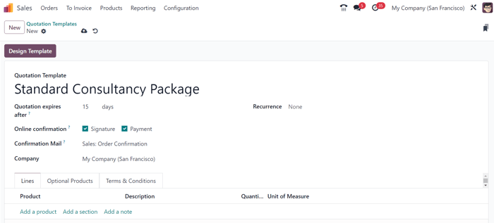 Criar um novo modelo de cotação no Vendas do Odoo.