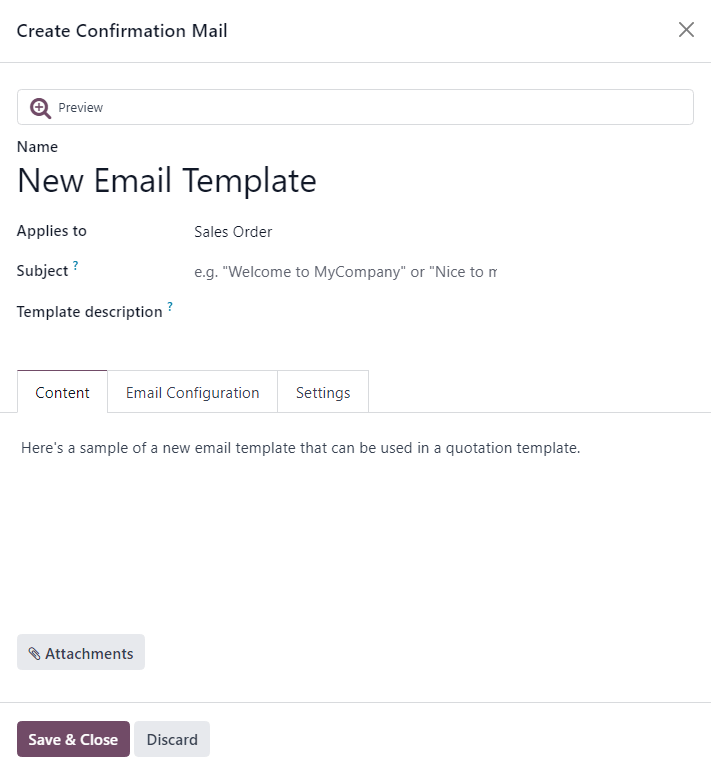 Crie uma janela pop-up de e-mail de confirmação a partir do formulário de modelo de cotação no Odoo Vendas.