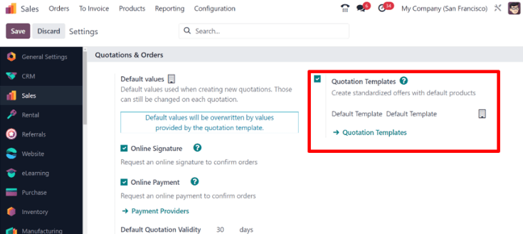 Como ativar modelos de cotação no Vendas do Odoo.