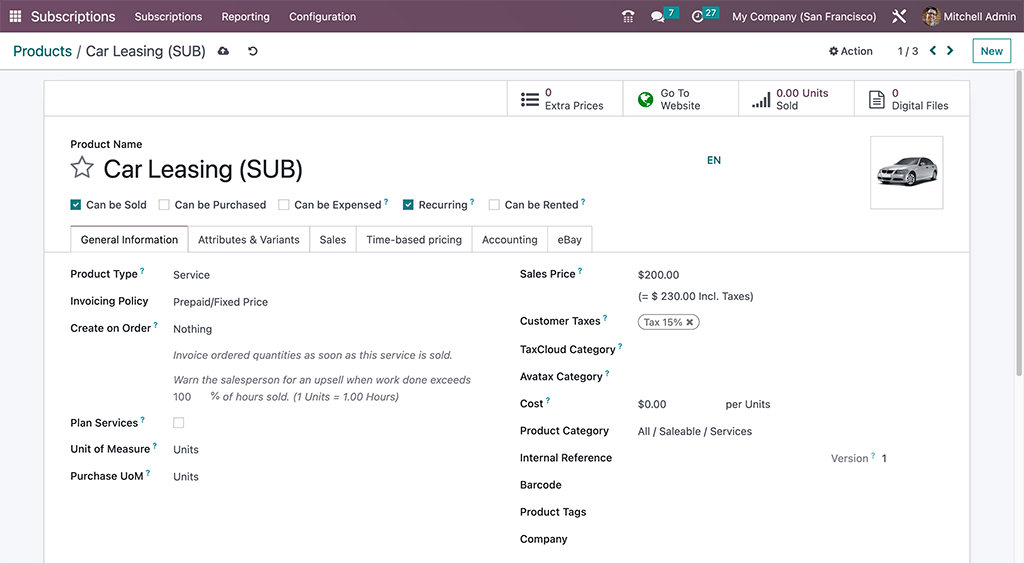 Un formulario de un producto de suscripción básico en Suscripciones de Odoo.