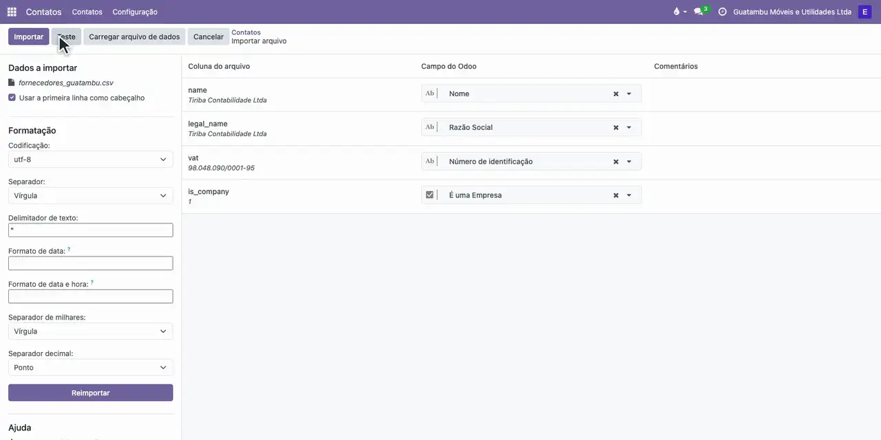 Clique em Carregar arquivo de dados e escolha fornecedores_guatambu.csv.