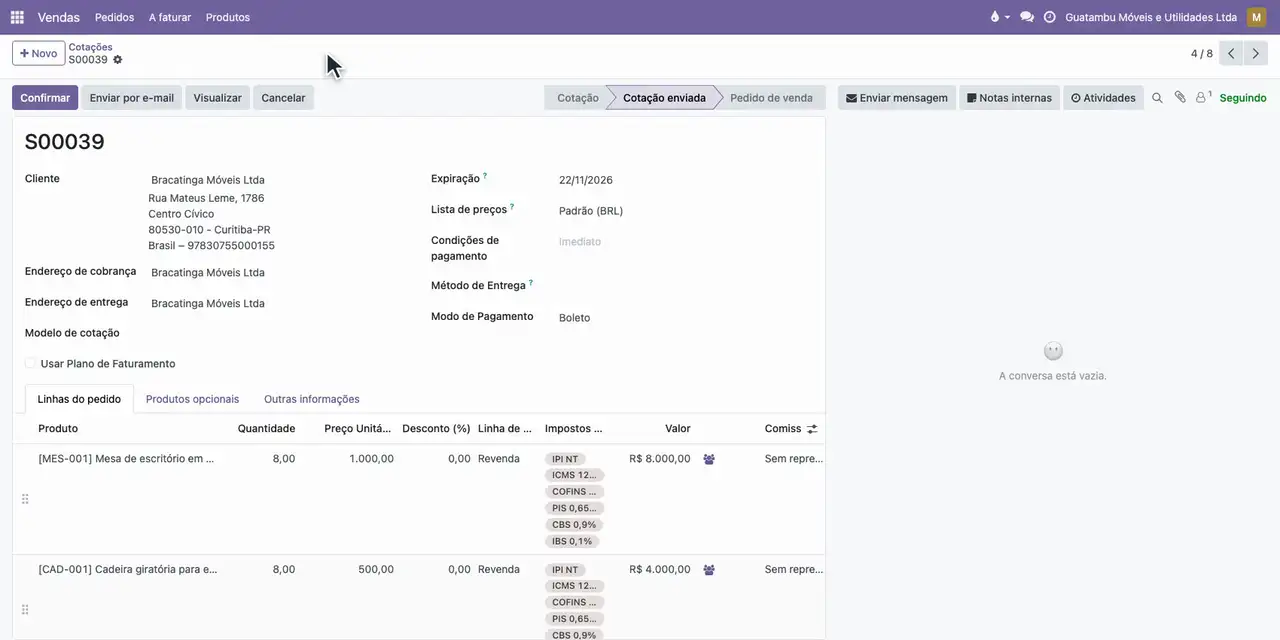 Abra o aplicativo Vendas pelo menu de aplicativos e clique na cotação S00039 da Bracatinga Móveis Ltda.