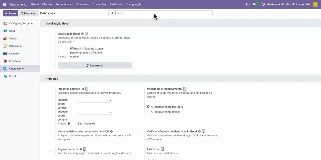 Abra o aplicativo Faturamento, o menu Configuração e escolha Definições.