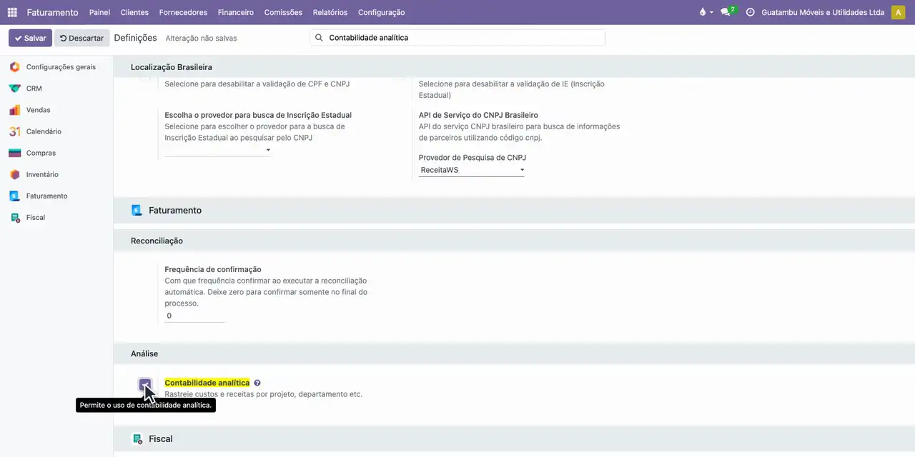 Na busca das Definições, digite Contabilidade analítica e marque a opção, no bloco Análise.