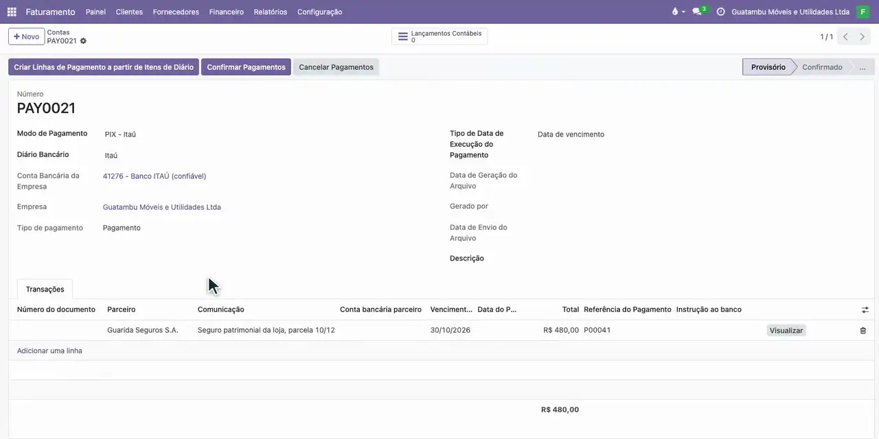 Clique em Adicionar à Ordem de Pagamento/Cobrança e em Criar.