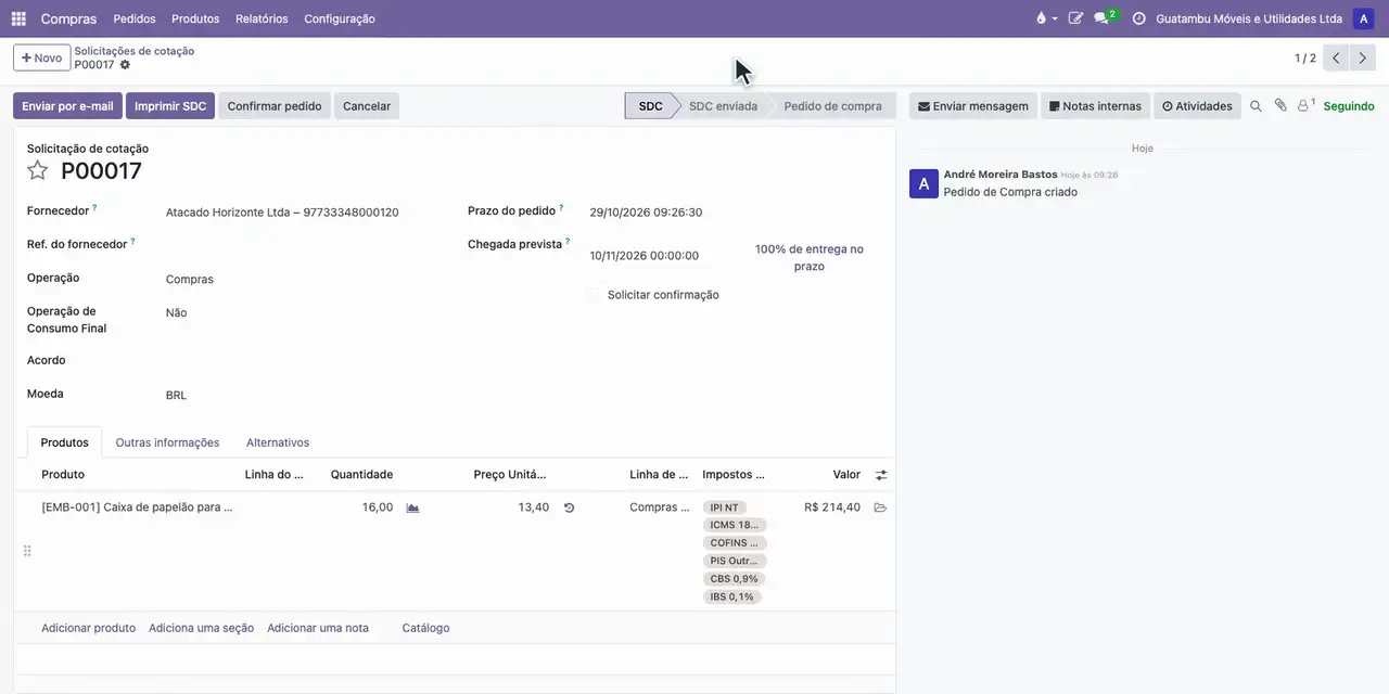 Abra o aplicativo Compras e, em Solicitações de cotação, abra a cotação das caixas ao Atacado Horizonte.