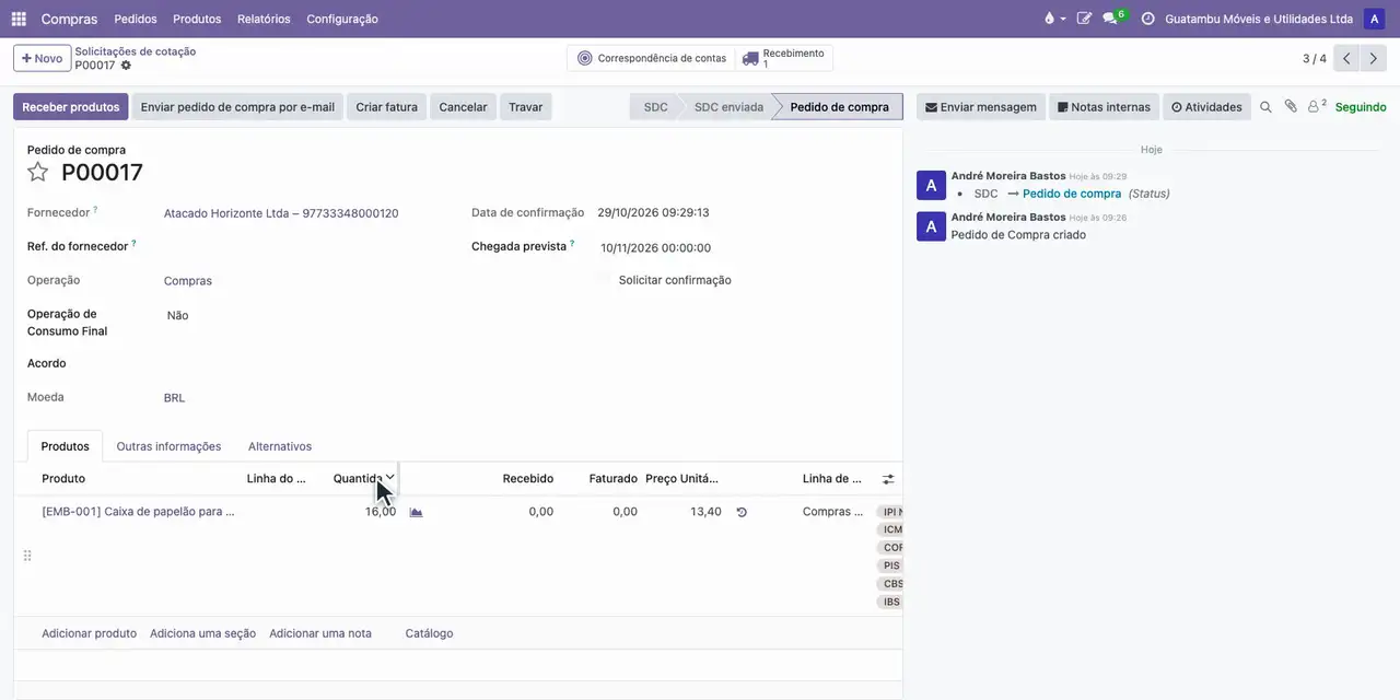 No menu Pedidos, Solicitações de cotação, abra a cotação do Atacado Horizonte e clique em Confirmar pedido.