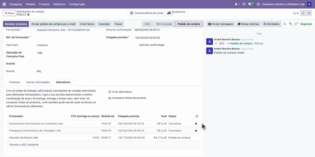 Clique em Cancelar alternativos: as cotações da Pitangueira e da Quaresmeira são canceladas.