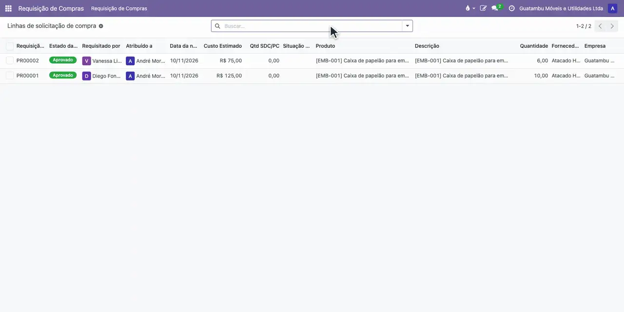 Abra o aplicativo Requisição de Compras e, no menu Requisição de Compras, escolha Linhas de solicitação de compra.