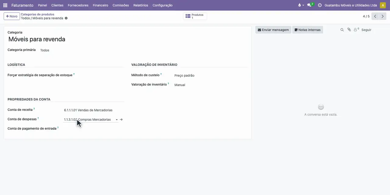 Abra o aplicativo Faturamento, Configuração, Categorias de produtos e a Móveis para revenda: contas de receita e de despesa.