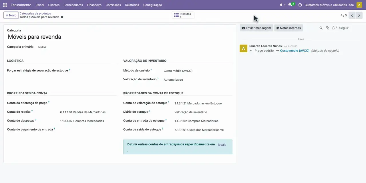 Informe a conta Mercadorias em Estoque, o diário Valoração de inventário, a entrada em Compras e a saída no CMV; salve.