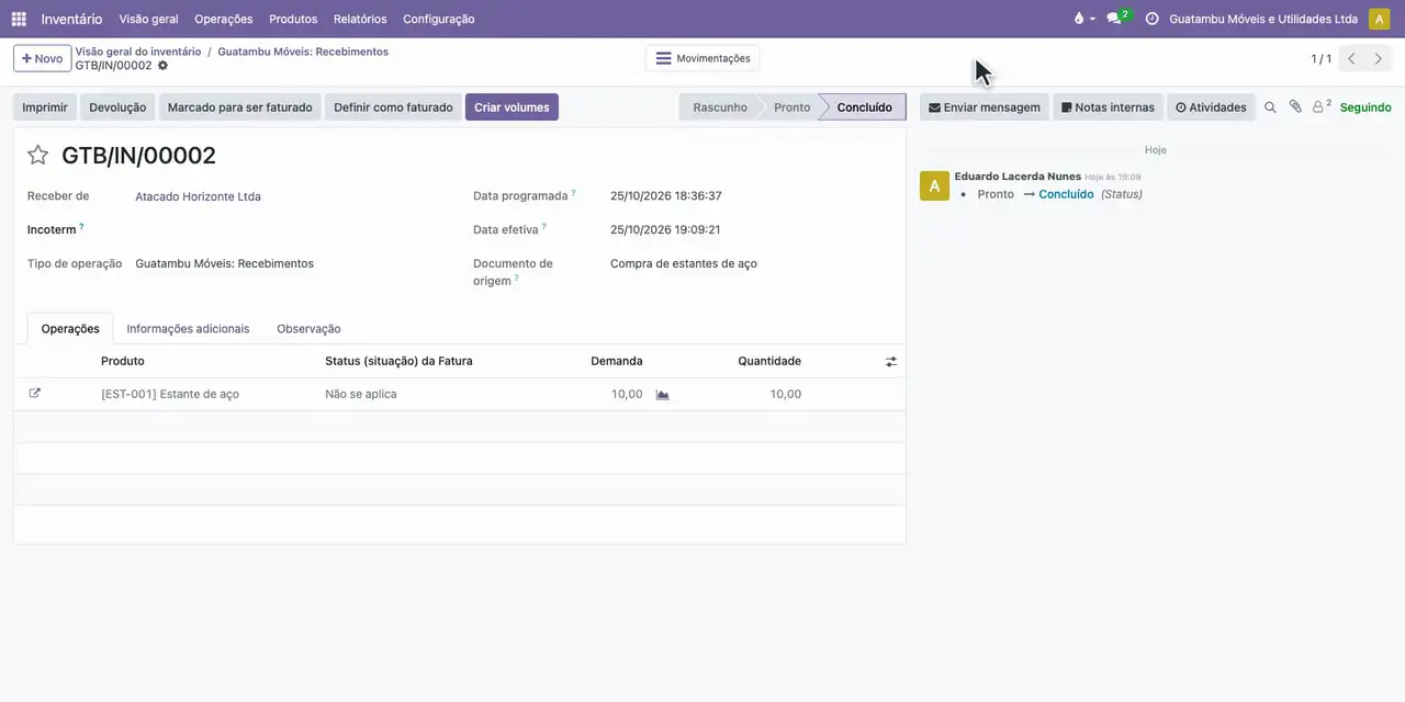 Abra o Inventário, Recebimentos, a compra de 10 estantes de aço do Atacado Horizonte, confira a quantidade e valide.