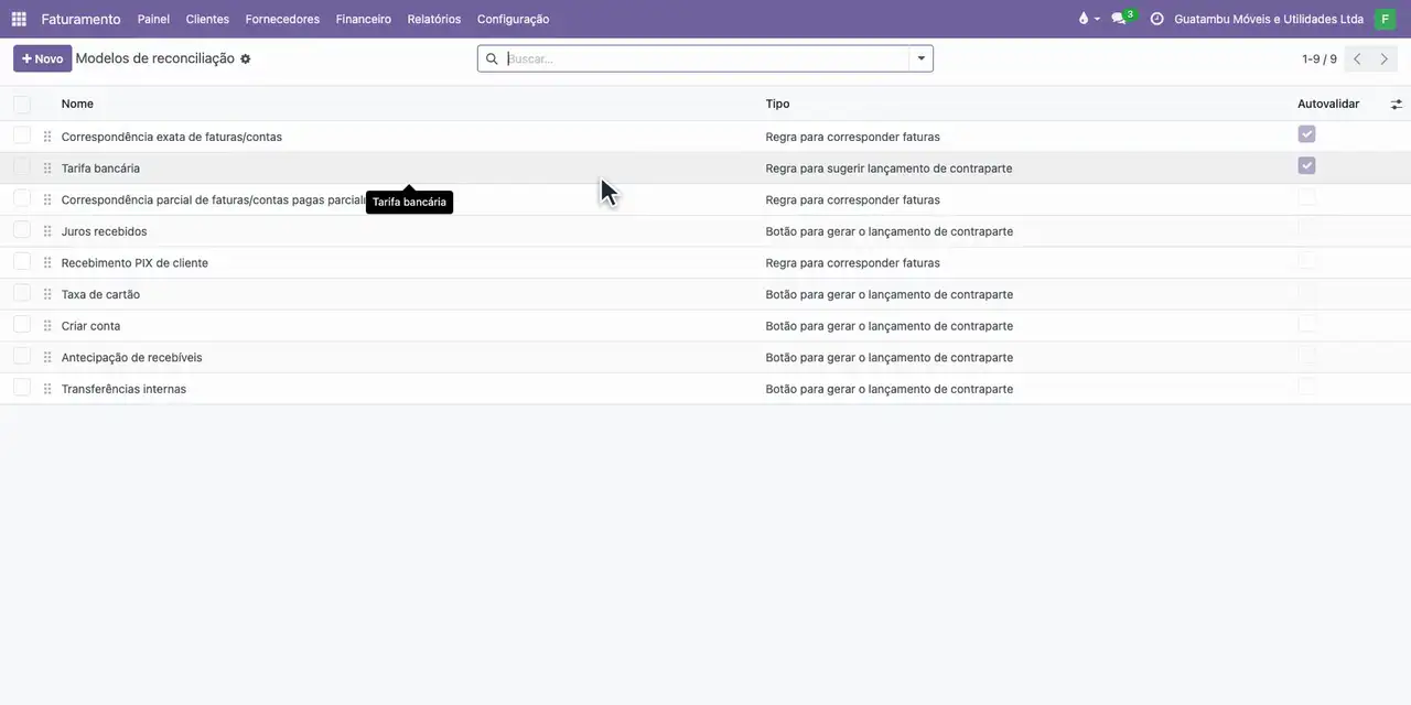 No Faturamento, abra o menu Configuração e escolha Modelos de reconciliação.