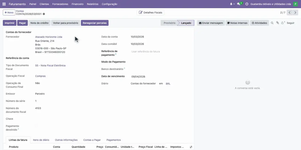 No Faturamento, abra o menu Fornecedores, escolha Contas e abra a nota 4103.