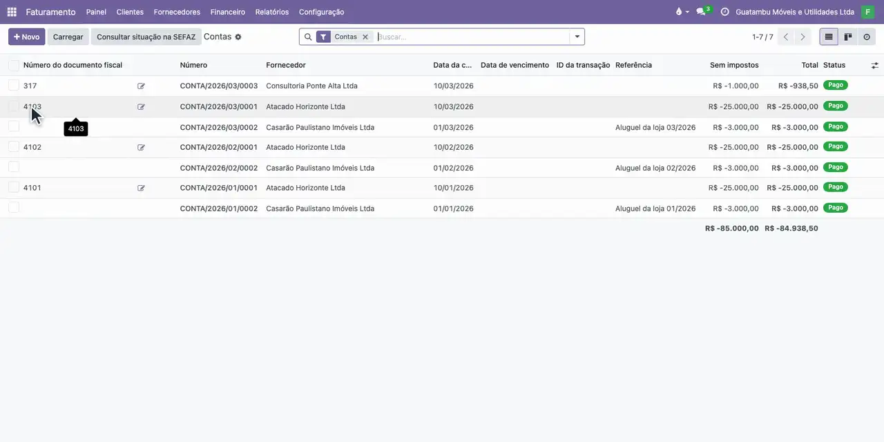 Abra o menu Fornecedores e escolha Contas: a nota 4103 está com o status de pagamento Pago.