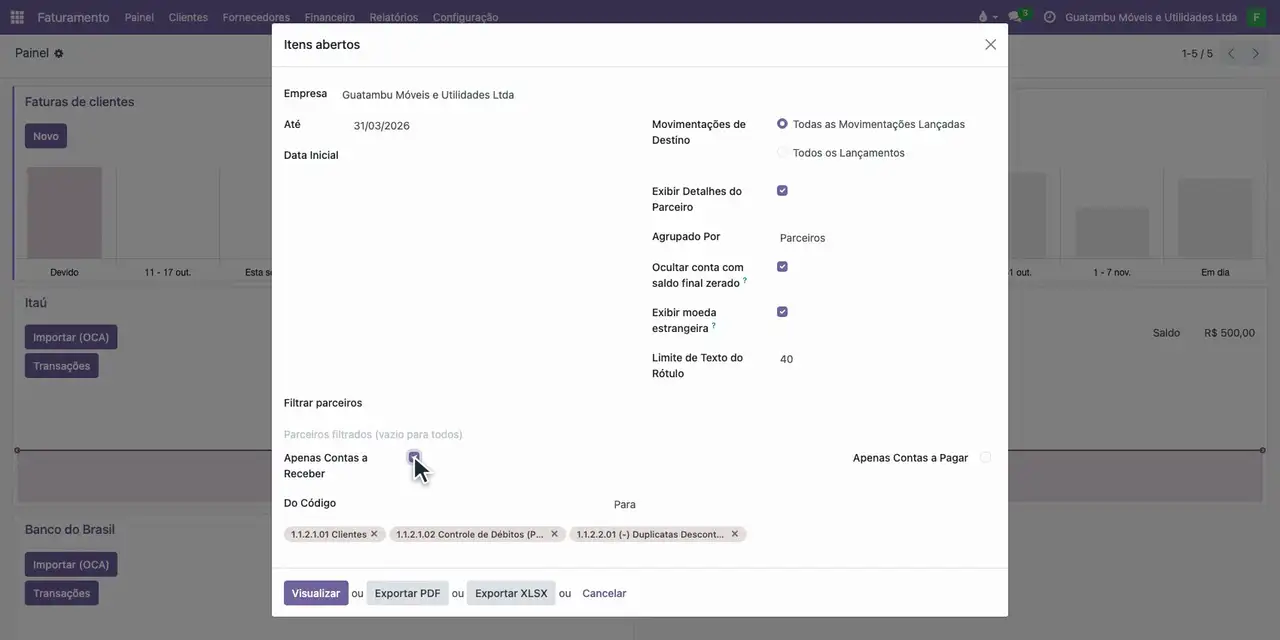Em Até, informe a data 31/03/2026 e marque Apenas Contas a Receber.