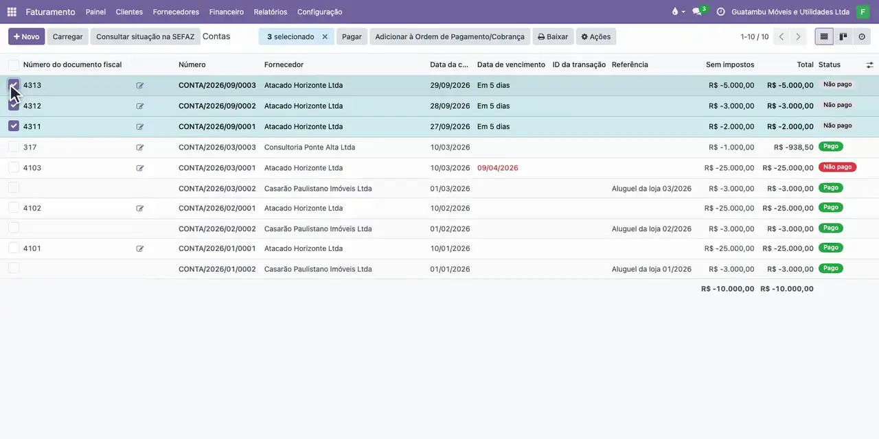 Abra o menu Fornecedores, escolha Contas e marque as três contas do Atacado Horizonte.
