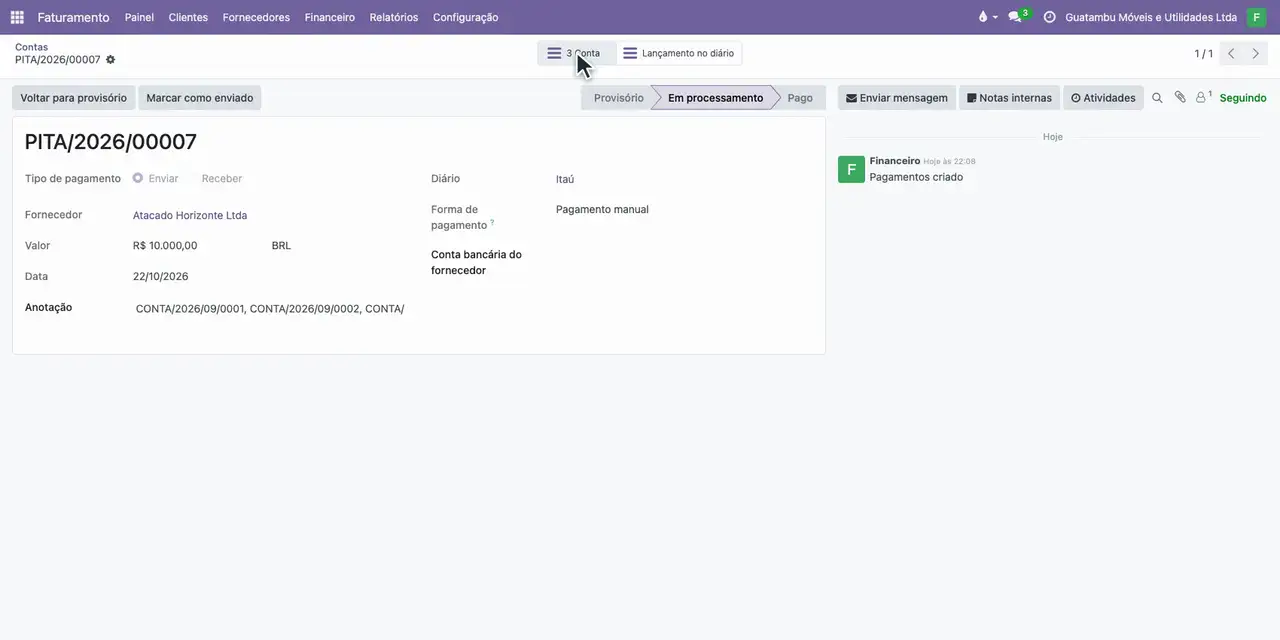 Clique em Criar pagamento: um só pagamento de 10.000,00 quita as três contas.