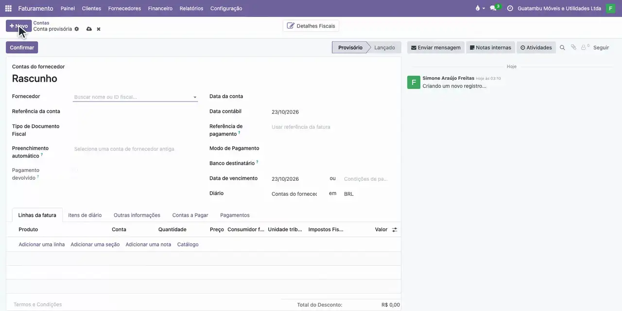 No Faturamento, abra o menu Fornecedores, escolha Contas e clique em Novo.
