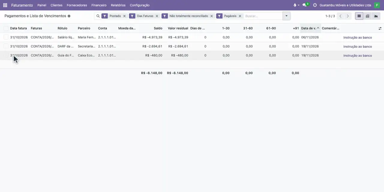 Abra o menu Financeiro, escolha Pagamentos e Lista de Vencimentos e, pela seta da busca, filtre Pagáveis: o salário em 06/11 e as guias em 19/11.