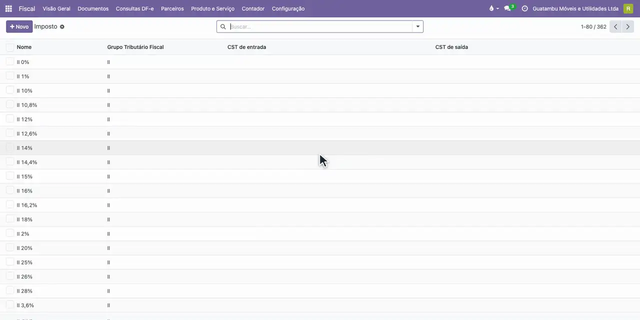 Abra o menu Configuração e escolha Imposto.