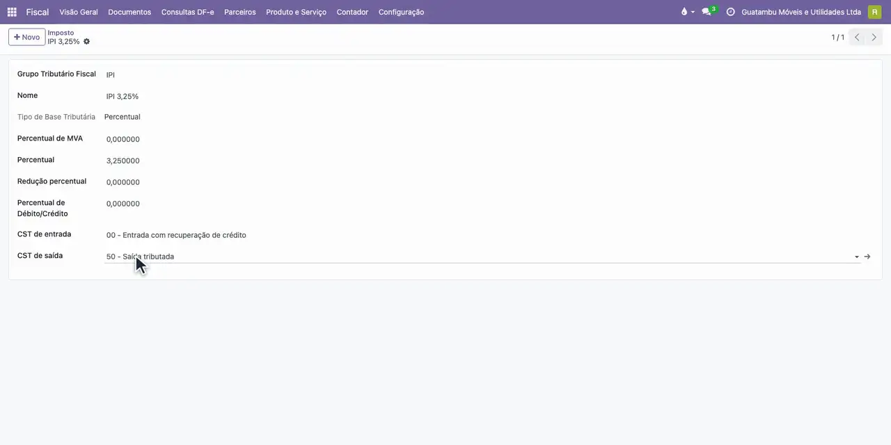 Pesquise IPI 3,25%, abra o imposto e confira o percentual de 3,25 e o CST de saída 50.